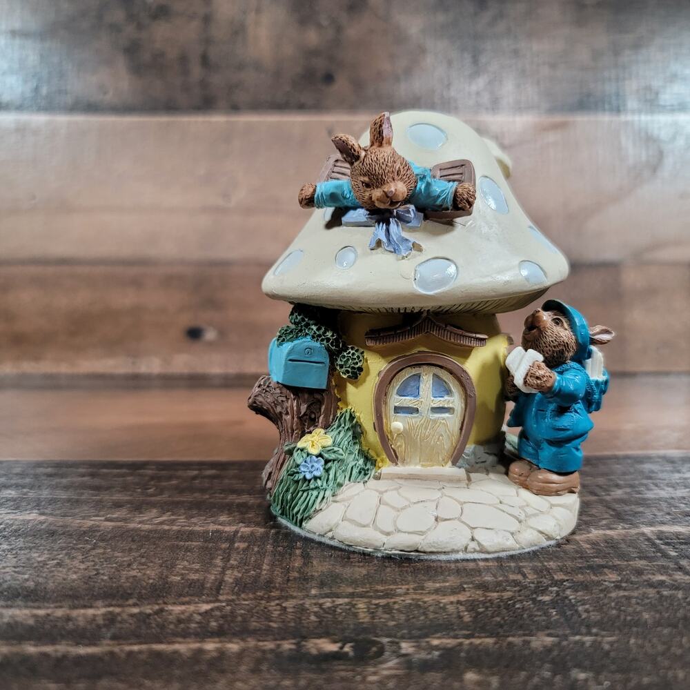 Vintage Mushroom House Easter/Fairy Garden with Bunny Rabbits
